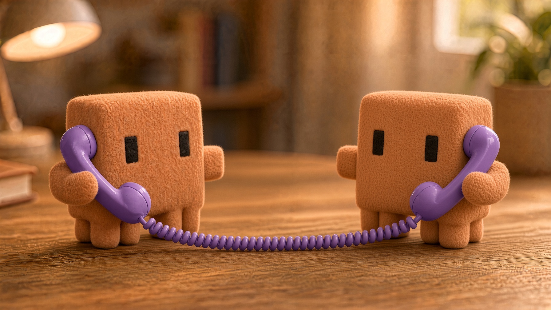 Two peach felt agents holding purple phone handsets connected by a coiled cord